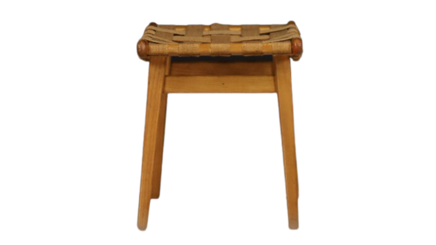 Small 1960s French elmwood & canvas strap stool