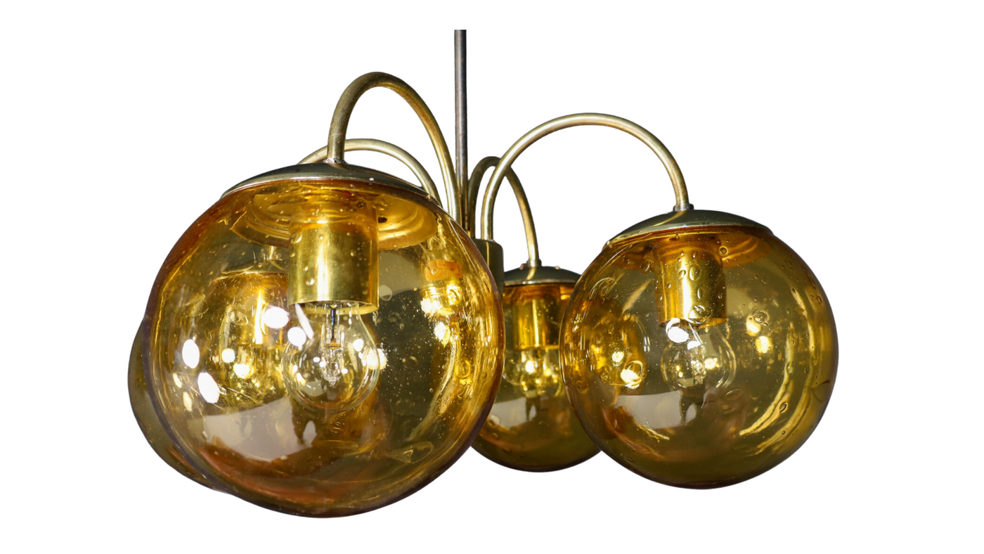 1960s golden 4-globe chandelier from Prague