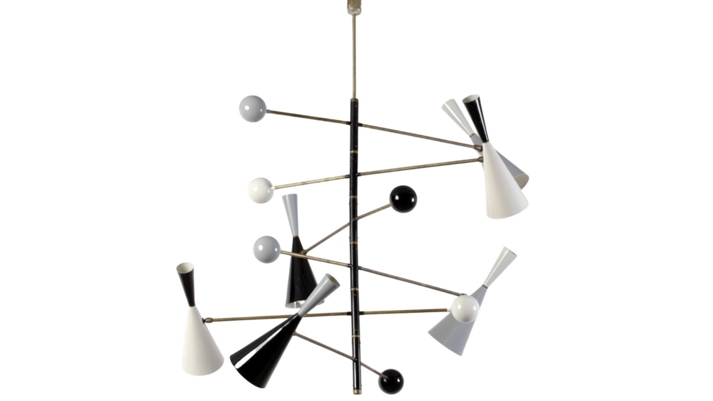 Italian six-arm lacquered metal & brass chandelier